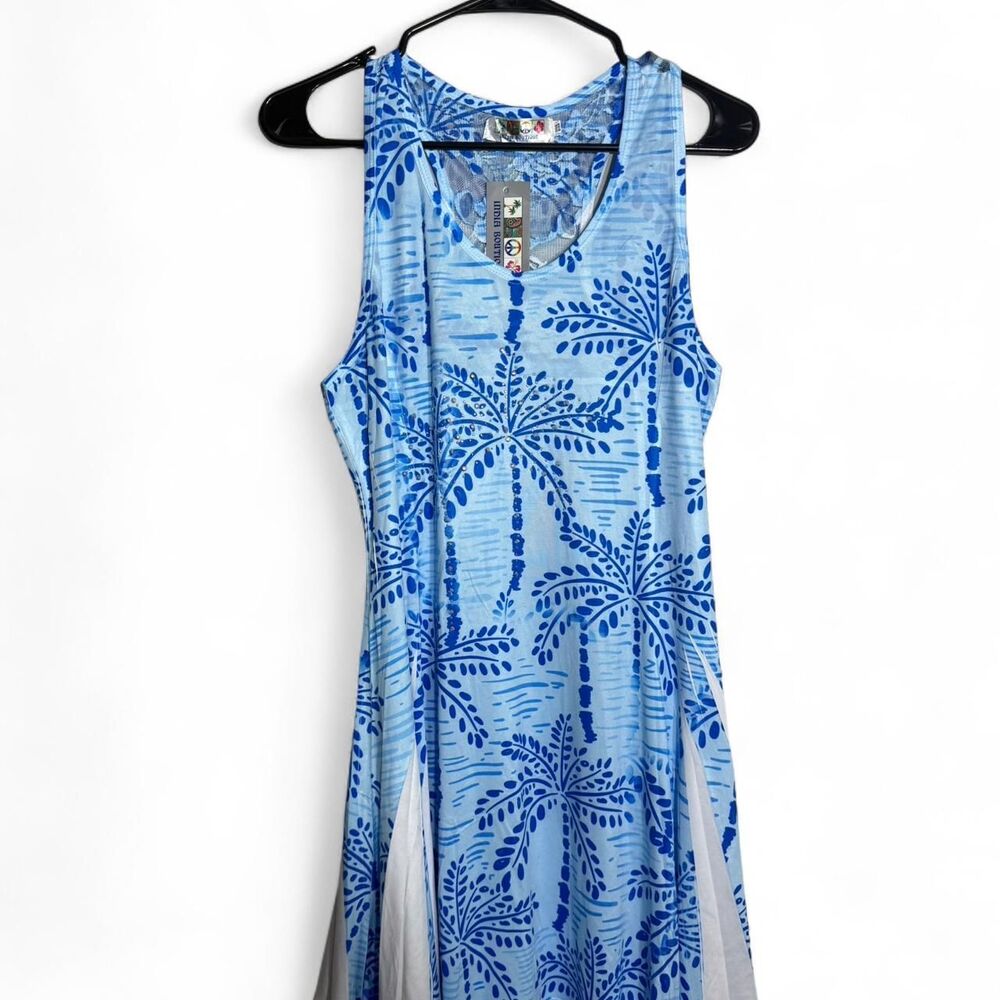 India Boutique Blue White Palm Tree Dress OS NEW Sequin Embellished Lace Back